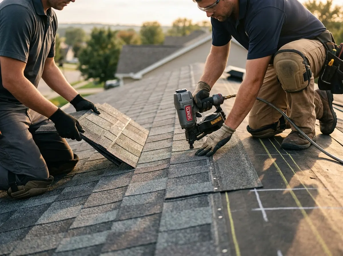 Professional roofer working on a residential roof in Wellsville